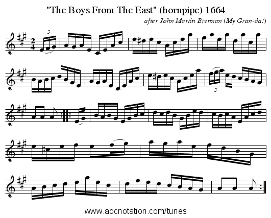 The Boys From The East (hornpipe) 1664 - staff notation