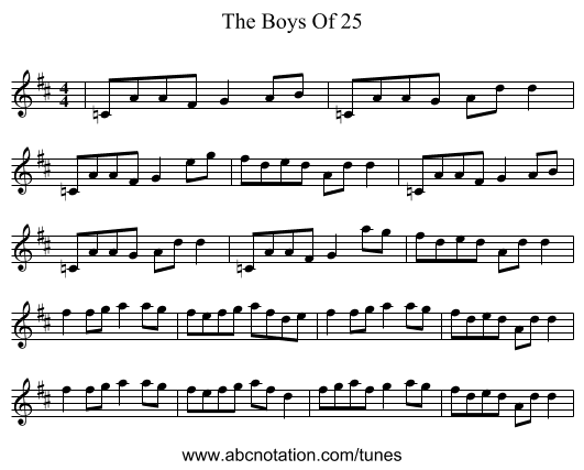 The Boys Of 25 - staff notation