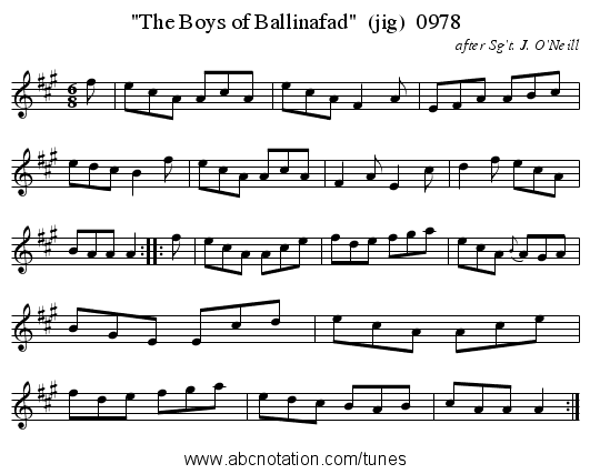 The Boys of Ballinafad  (jig)  0978 - staff notation
