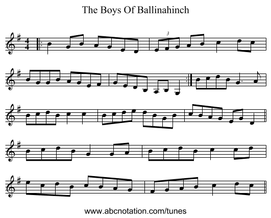 The Boys Of Ballinahinch - staff notation