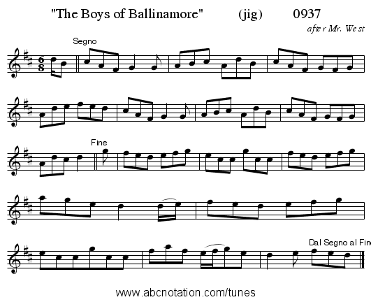 The Boys of Ballinamore          (jig)         0937 - staff notation