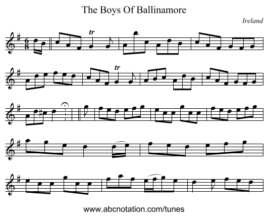 The Boys Of Ballinamore - staff notation