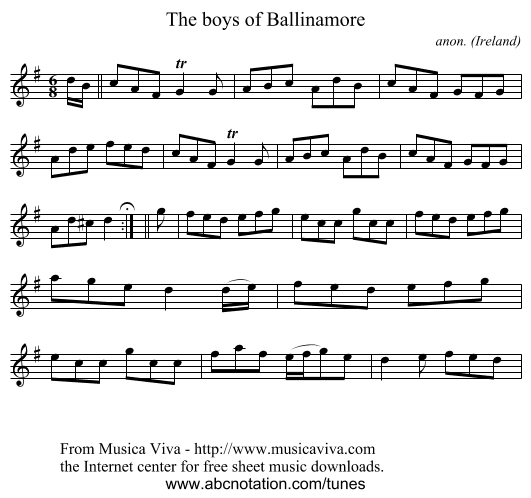 The boys of Ballinamore - staff notation