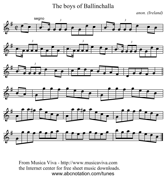 The boys of Ballinchalla - staff notation