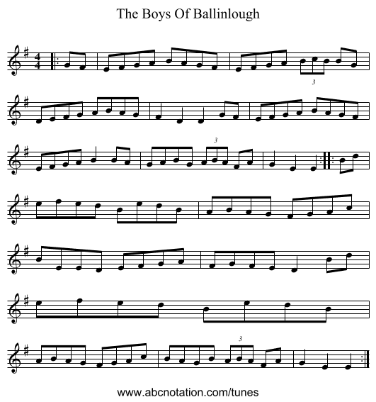 The Boys Of Ballinlough - staff notation