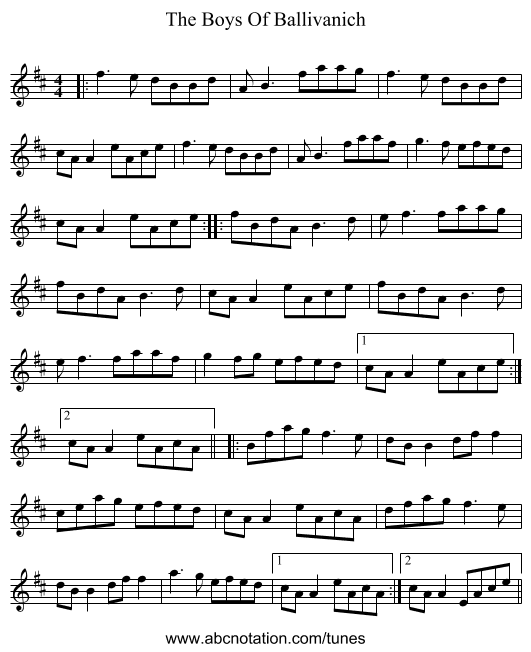 The Boys Of Ballivanich - staff notation