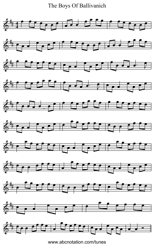 The Boys Of Ballivanich - staff notation