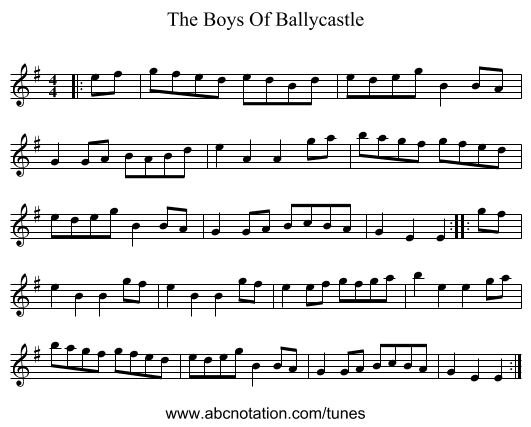 The Boys Of Ballycastle - staff notation