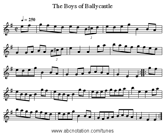 The Boys of Ballycastle - staff notation