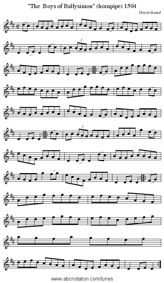 The Boys of Ballysimon (hornpipe) 1594 - staff notation