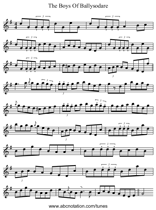 The Boys Of Ballysodare - staff notation