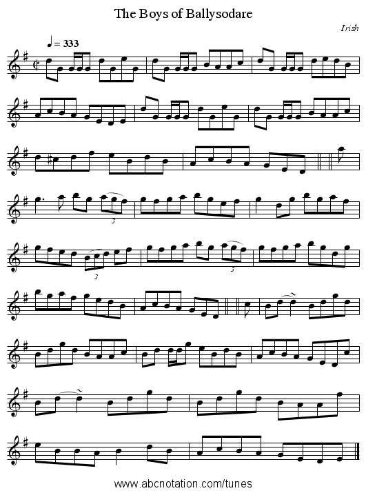 The Boys of Ballysodare - staff notation