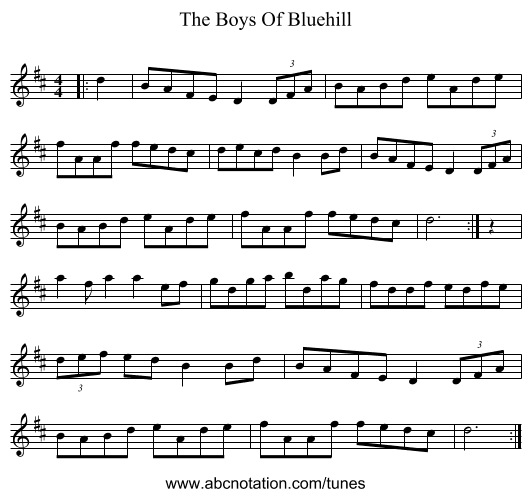 The Boys Of Bluehill - staff notation