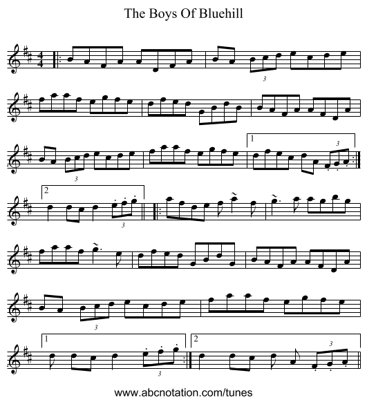 The Boys Of Bluehill - staff notation
