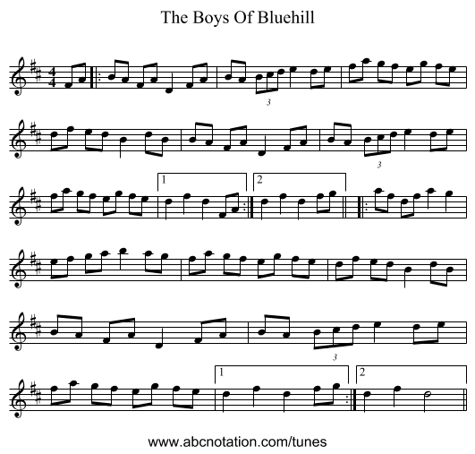 The Boys Of Bluehill - staff notation