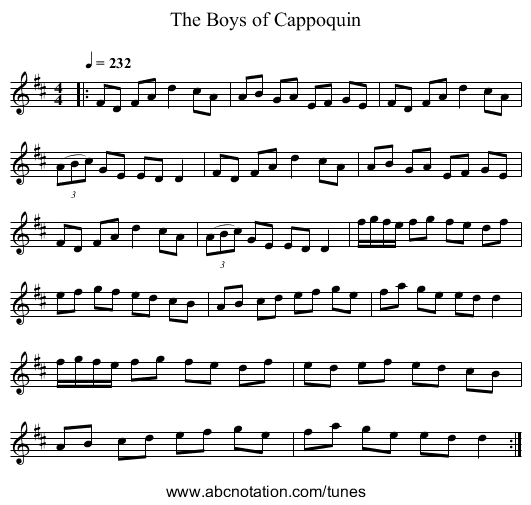 The Boys of Cappoquin - staff notation