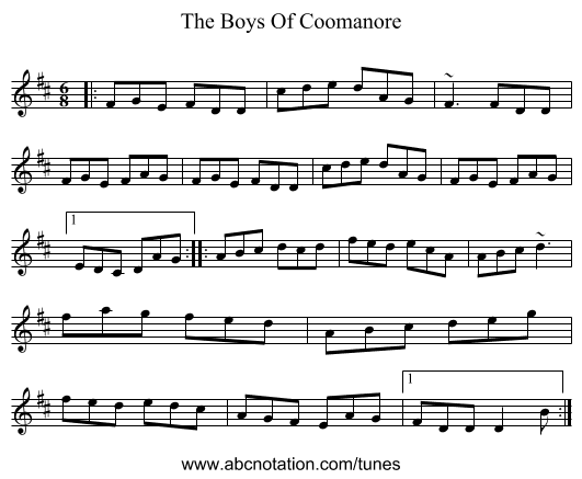 The Boys Of Coomanore - staff notation