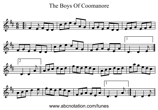 The Boys Of Coomanore - staff notation