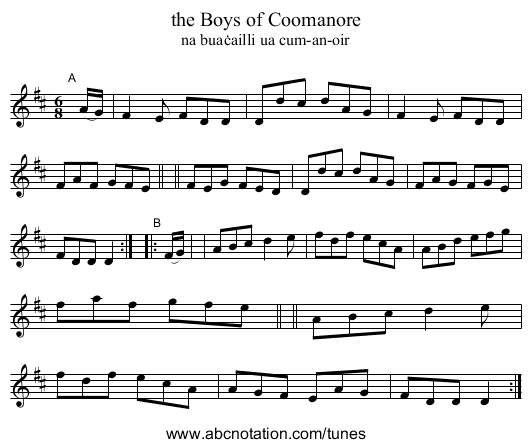 the Boys of Coomanore - staff notation