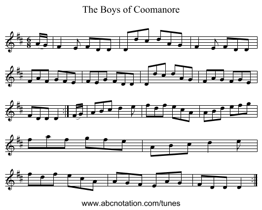 The Boys of Coomanore - staff notation
