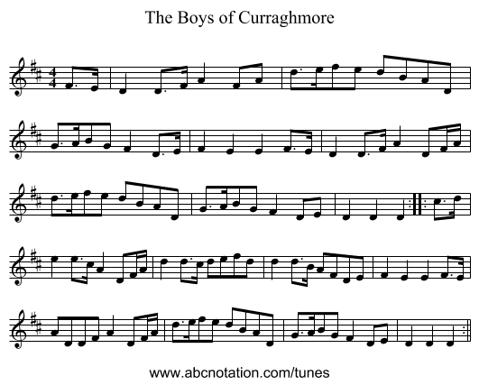 The Boys of Curraghmore - staff notation
