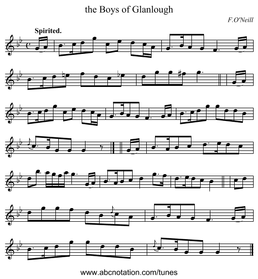 the Boys of Glanlough - staff notation