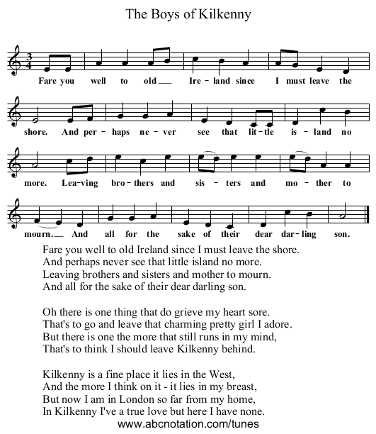 The Boys of Kilkenny - staff notation