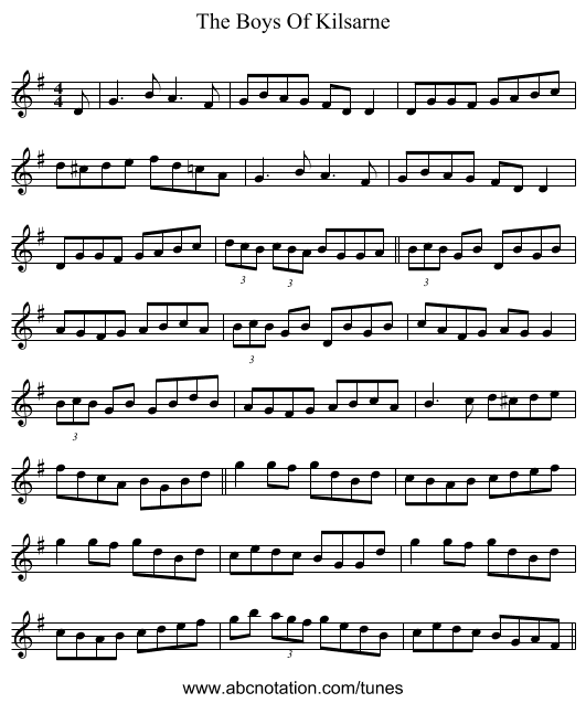 The Boys Of Kilsarne - staff notation