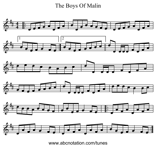The Boys Of Malin - staff notation
