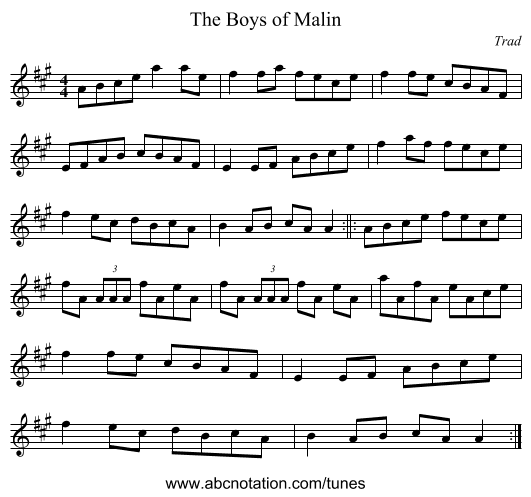 The Boys of Malin - staff notation