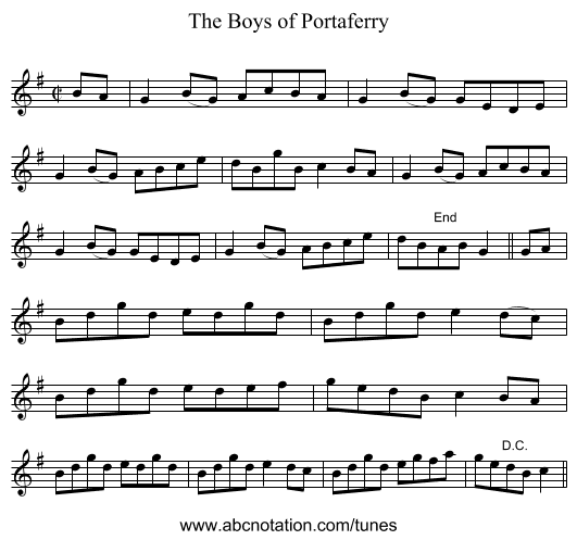 The Boys of Portaferry - staff notation