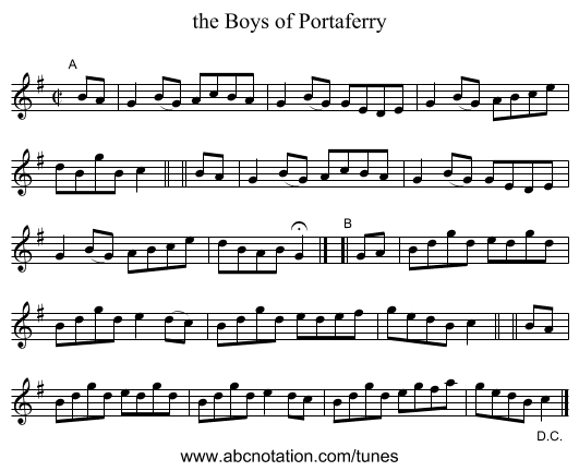 the Boys of Portaferry - staff notation