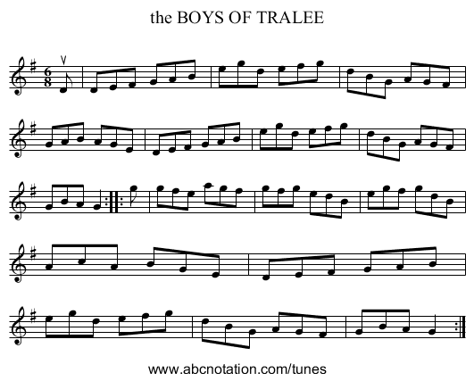 the BOYS OF TRALEE - staff notation