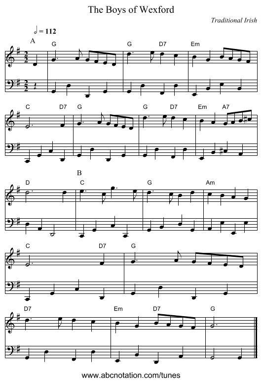 The Boys of Wexford - staff notation