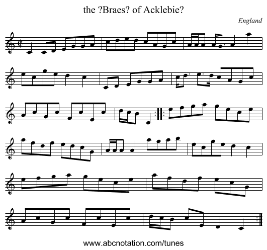 the ?Braes? of Acklebie? - staff notation