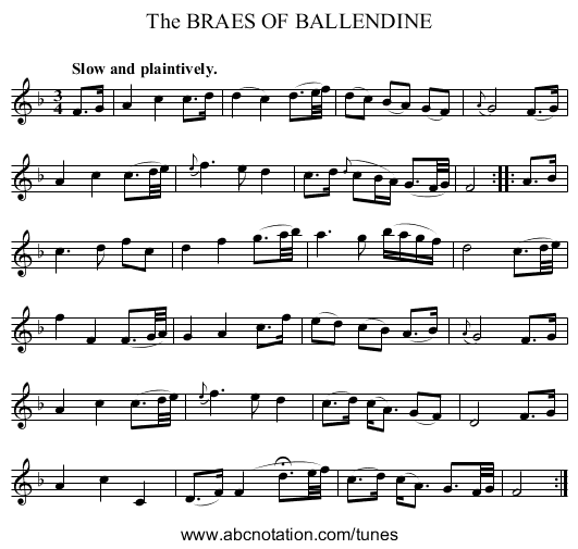 The BRAES OF BALLENDINE - staff notation