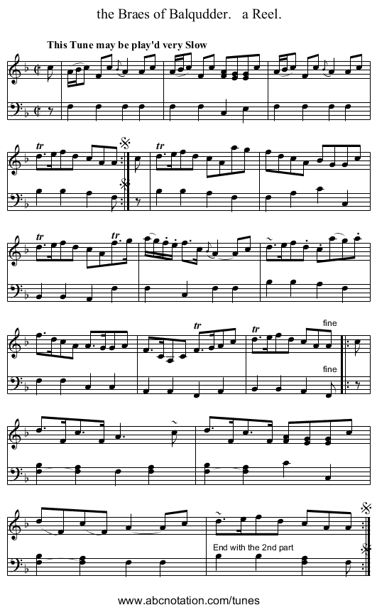 the Braes of Balqudder.   a Reel. - staff notation