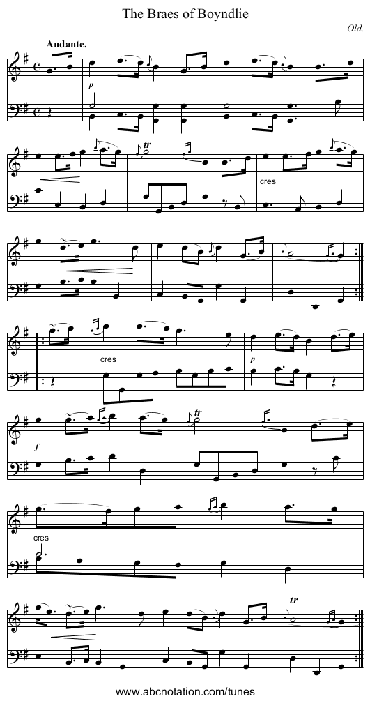 The Braes of Boyndlie - staff notation