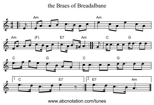 the Braes of Breadalbane - staff notation