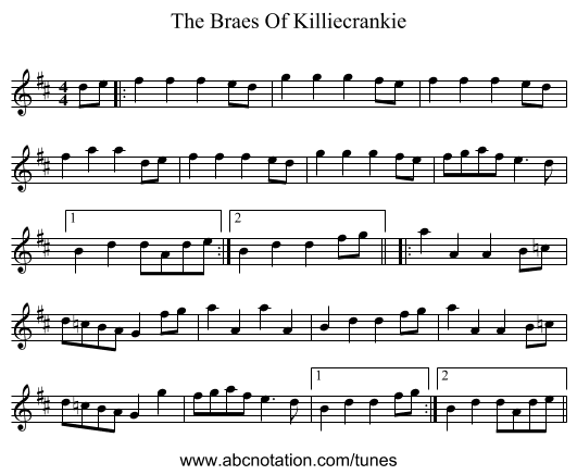 The Braes Of Killiecrankie - staff notation