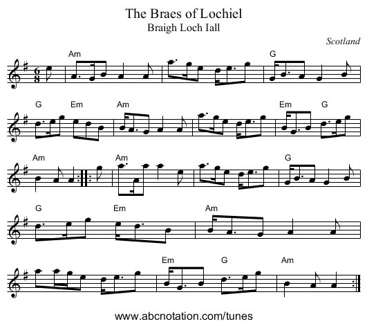 The Braes of Lochiel - staff notation