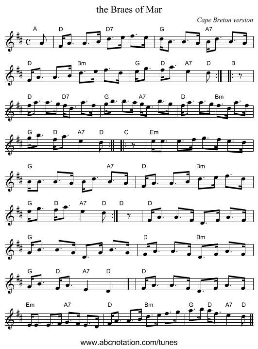 the Braes of Mar - staff notation