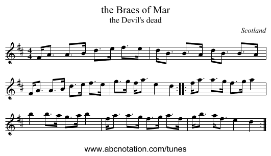the Braes of Mar - staff notation