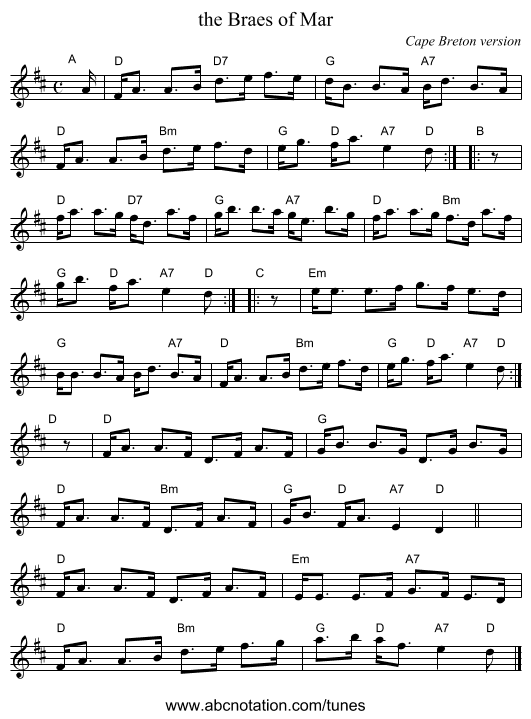 the Braes of Mar - staff notation