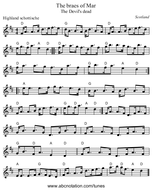 The braes of Mar - staff notation