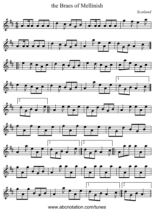 the Braes of Mellinish - staff notation