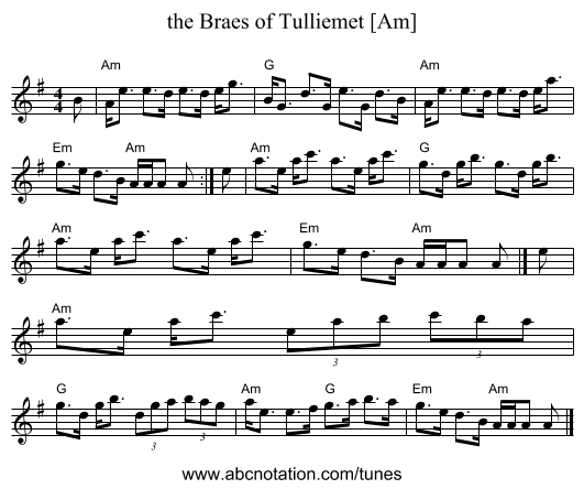the Braes of Tulliemet [Am] - staff notation