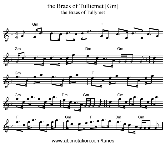 the Braes of Tulliemet [Gm] - staff notation
