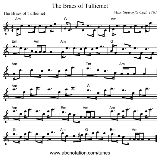 The Braes of Tulliemet - staff notation