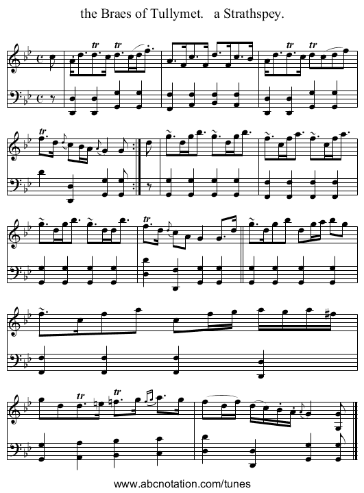 the Braes of Tullymet.   a Strathspey. - staff notation